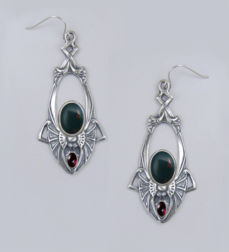 Sterling Silver Dramatic Art Deco Drop Dangle Earrings With Bloodstone And Garnet